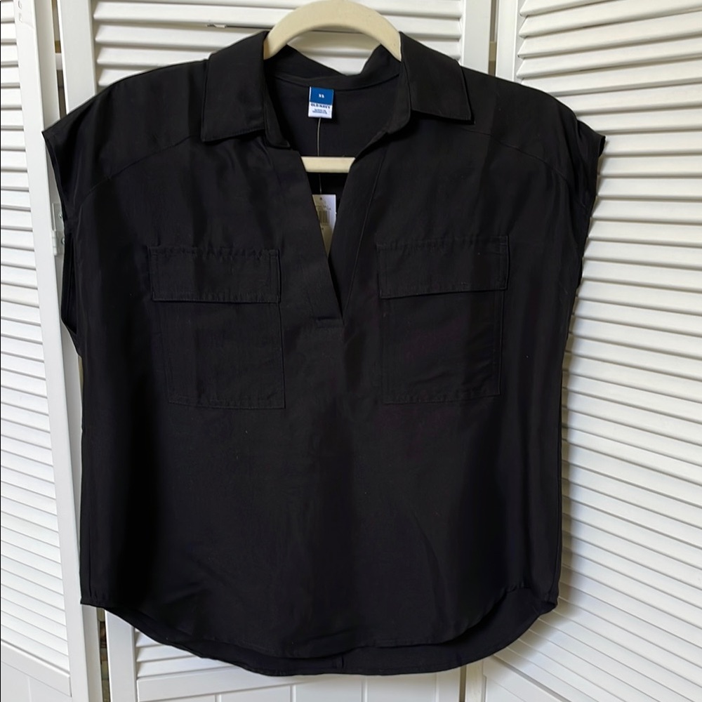 NWT Old Navy XS Black Dolman sleeve Boxy Notched Collar Blouse